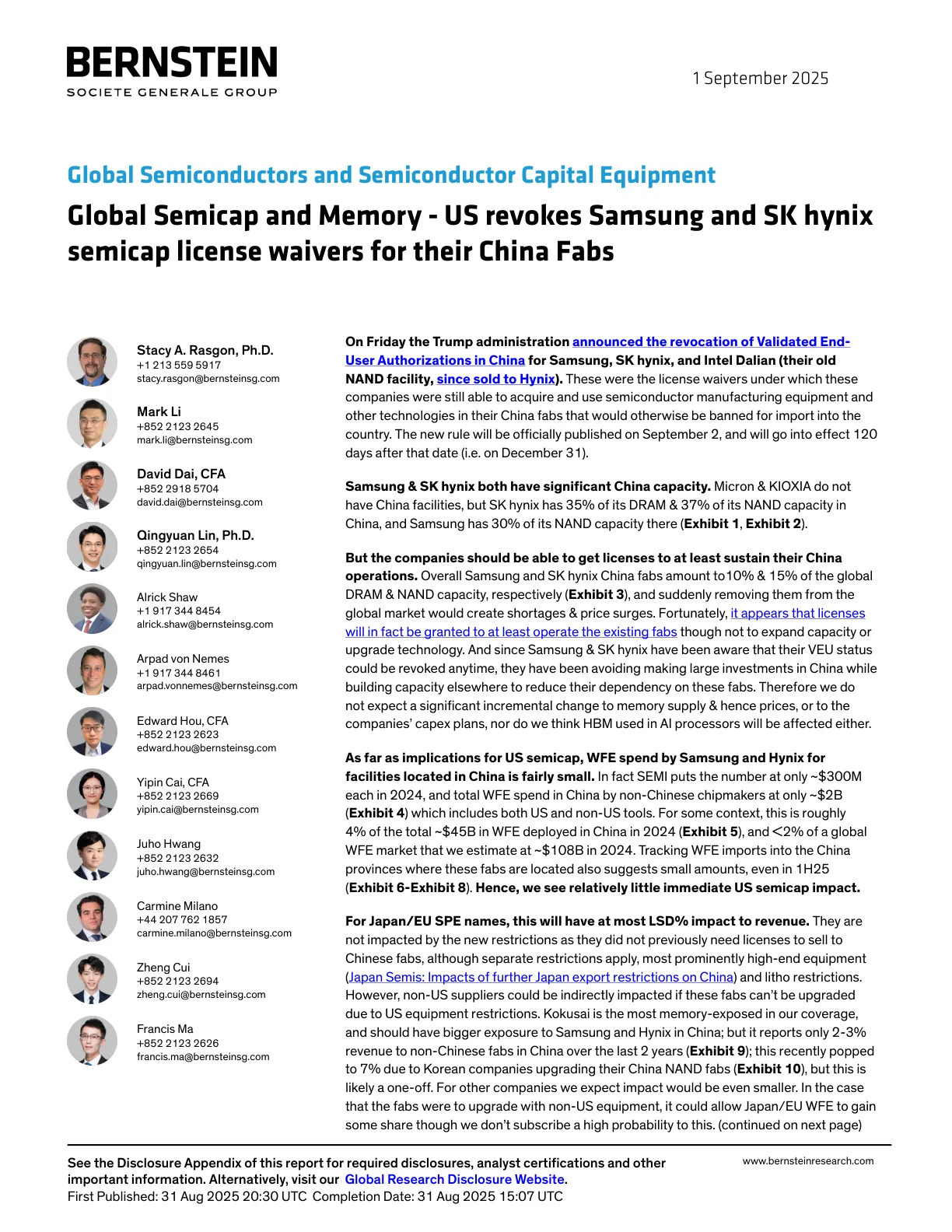20250901-Bernstein-Global Semicap and Memory _US revokes Samsung and SK hynix semicap license waiver.pdf