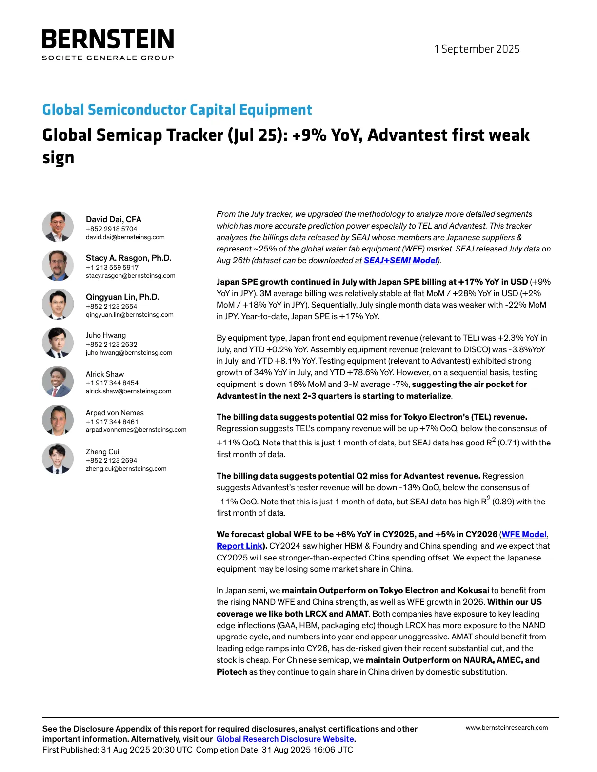 20250901-Bernstein-Global Semiconductor Capital Equipment Global Semicap Tracker （Jul 25）： +9％ YoY .pdf