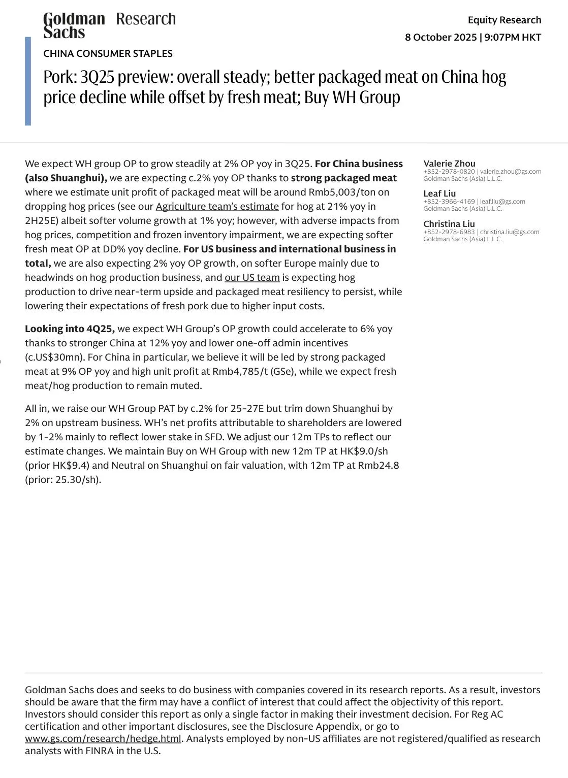 高盛-猪肉：3Q25前瞻：整体稳定；中国猪肉价格下降；买入万洲国际-20251008【8页】_PDF