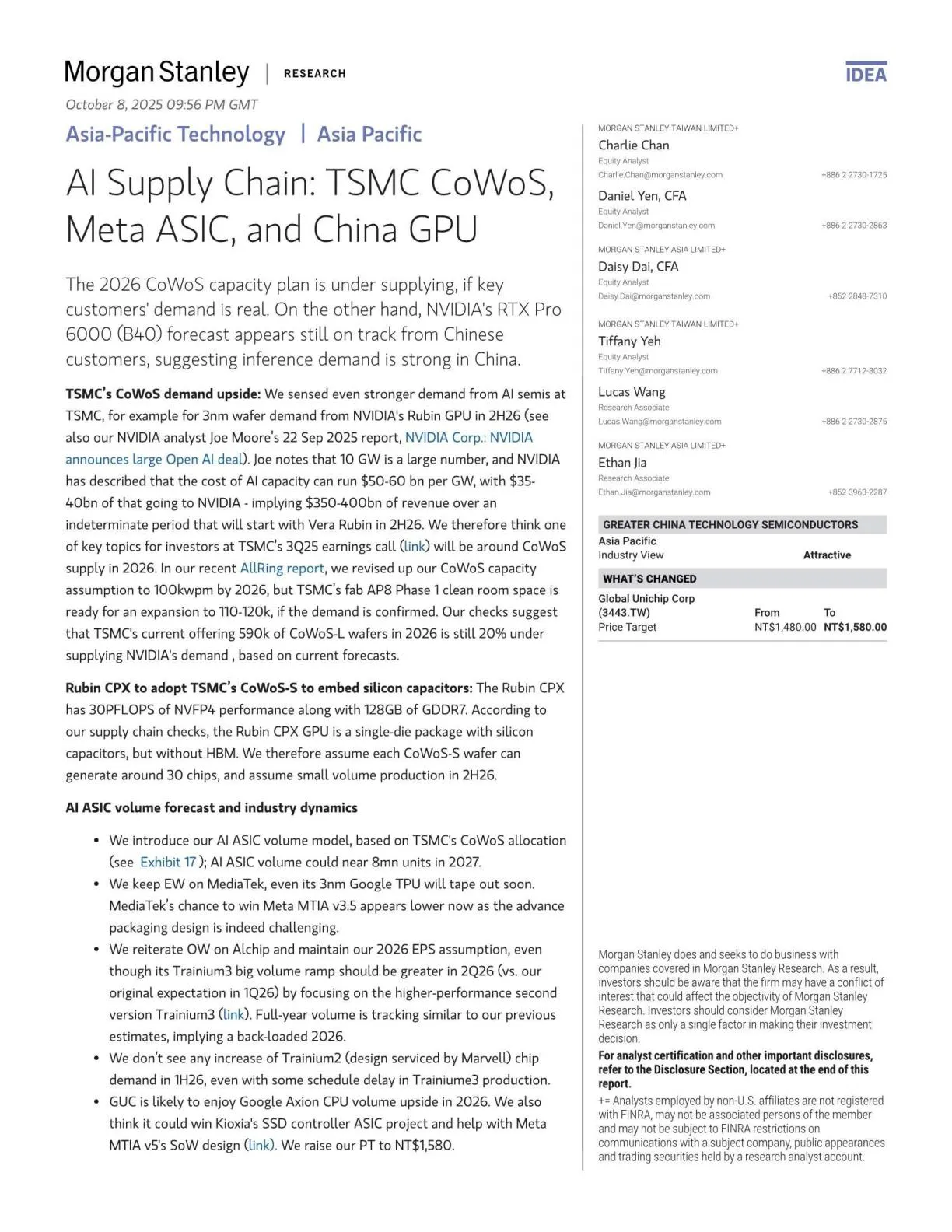 摩根士丹利-人工智能供应链：台积电晶圆级系统集成（CoWoS）、元宇宙专用集成电路（Meta ASIC）与中国图形处理器（GPU）-20251010【30页】_PDF