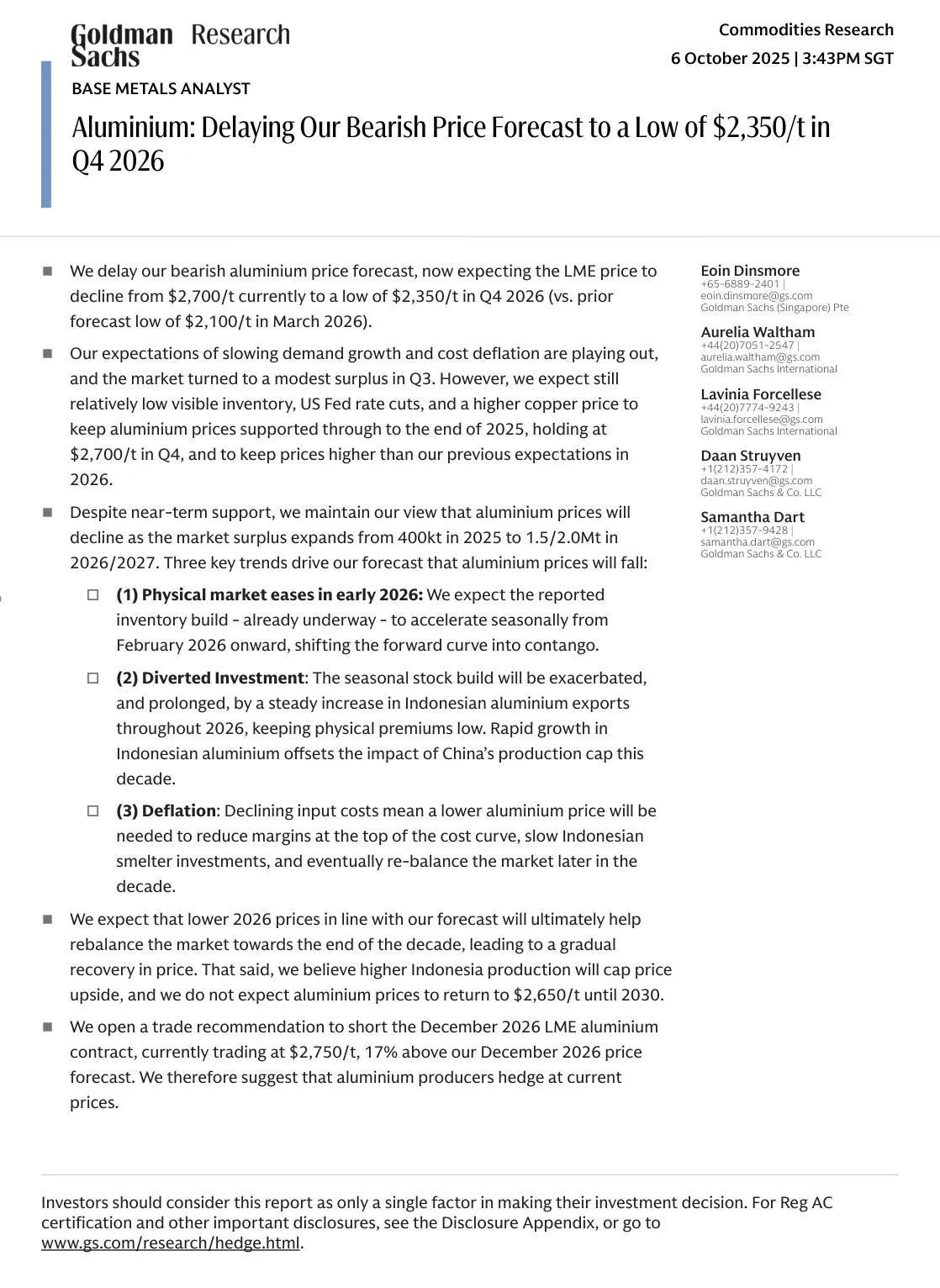 高盛-铝：推迟看跌价格预测至2026年第四季度2350美元_吨-20251006【16页】_PDF