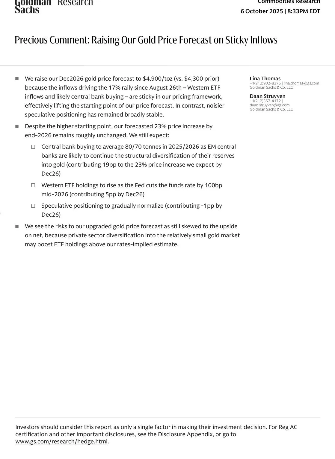 高盛-贵金属评论：因持续流入调高金价预测【7页】_PDF