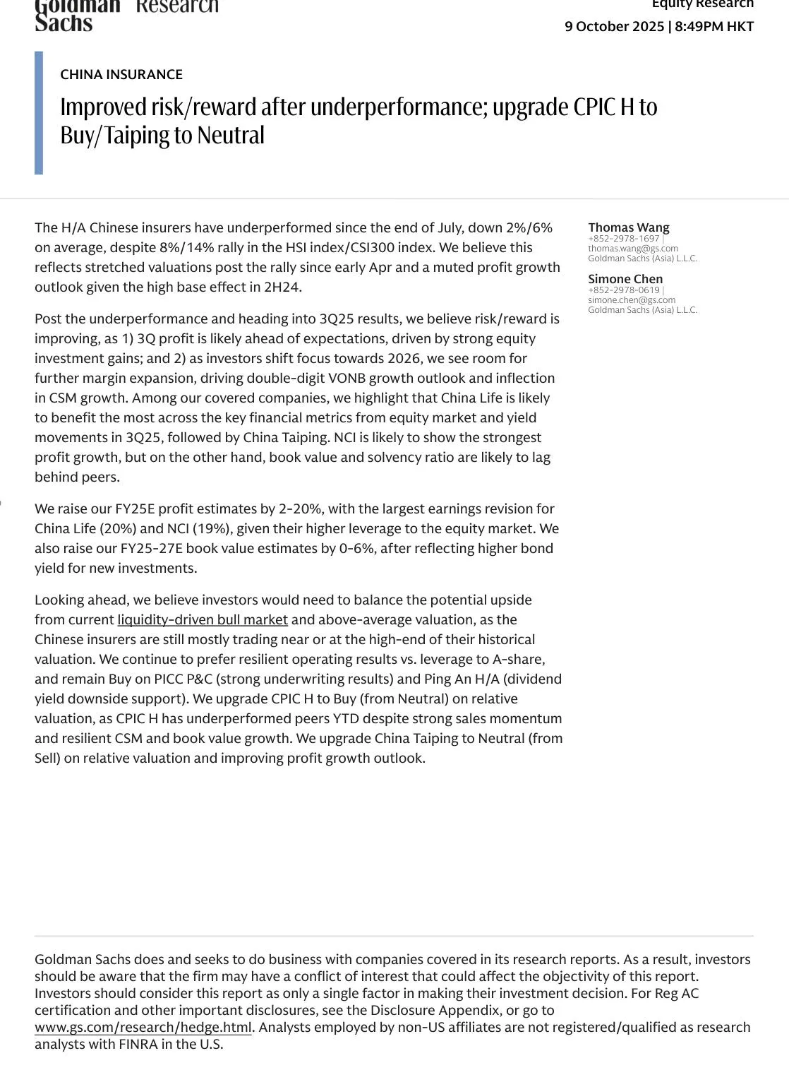 高盛-中国保险：改善风险回报 升级CPIC至买入太平至中性【19页】_PDF