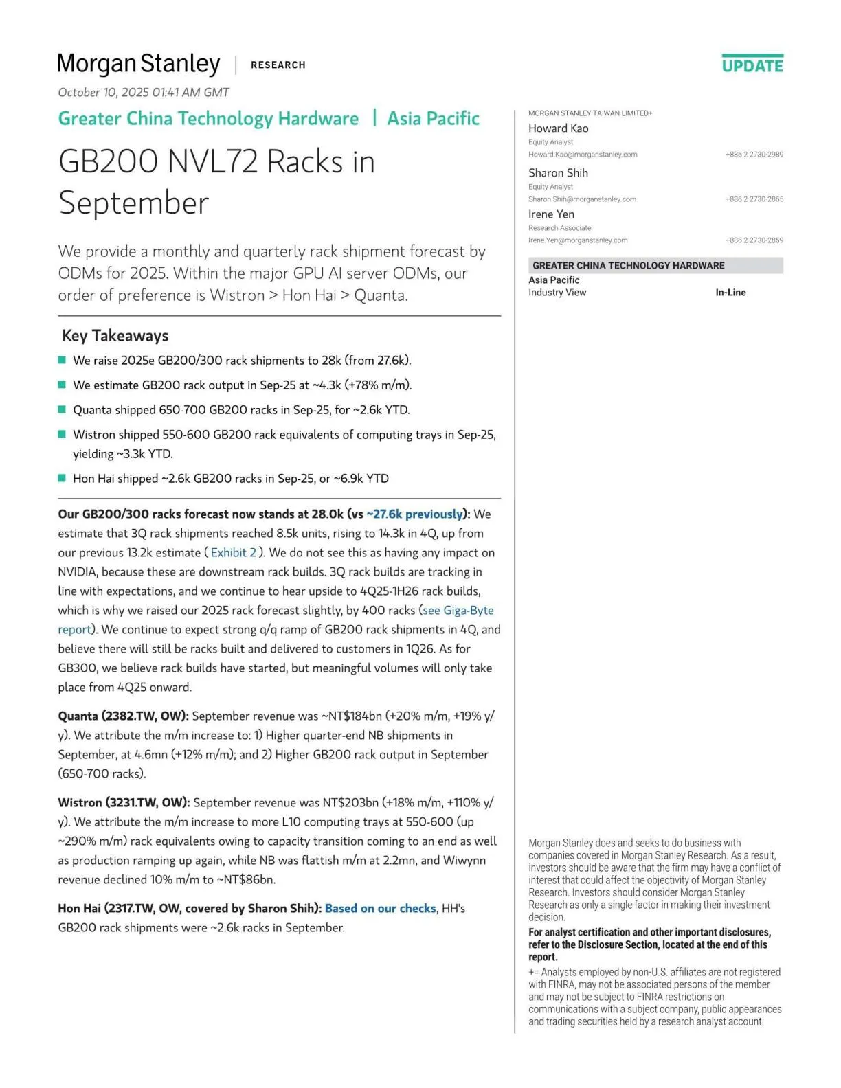 摩根士丹利-GB200 NVL72机架九月出货量【13页】_PDF