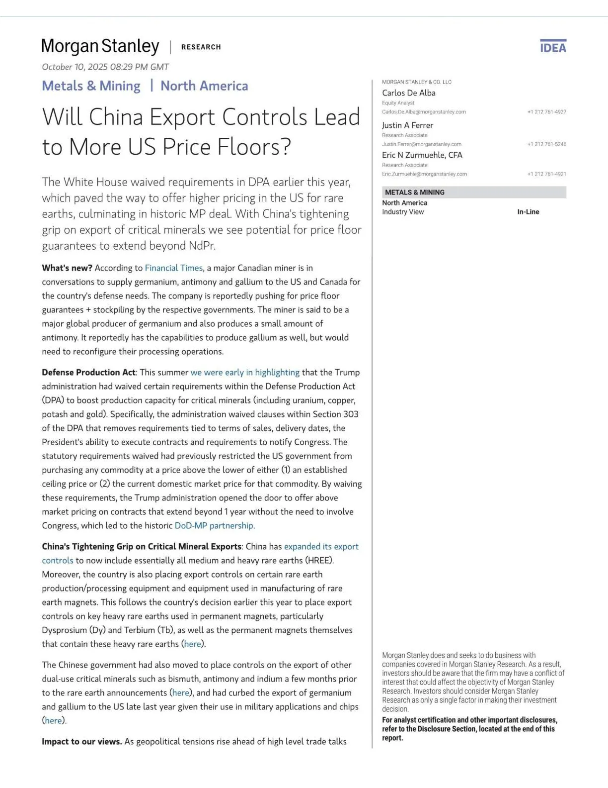 摩根士丹利-中国出口管制将导致更多美国价格下限？【6页】_PDF