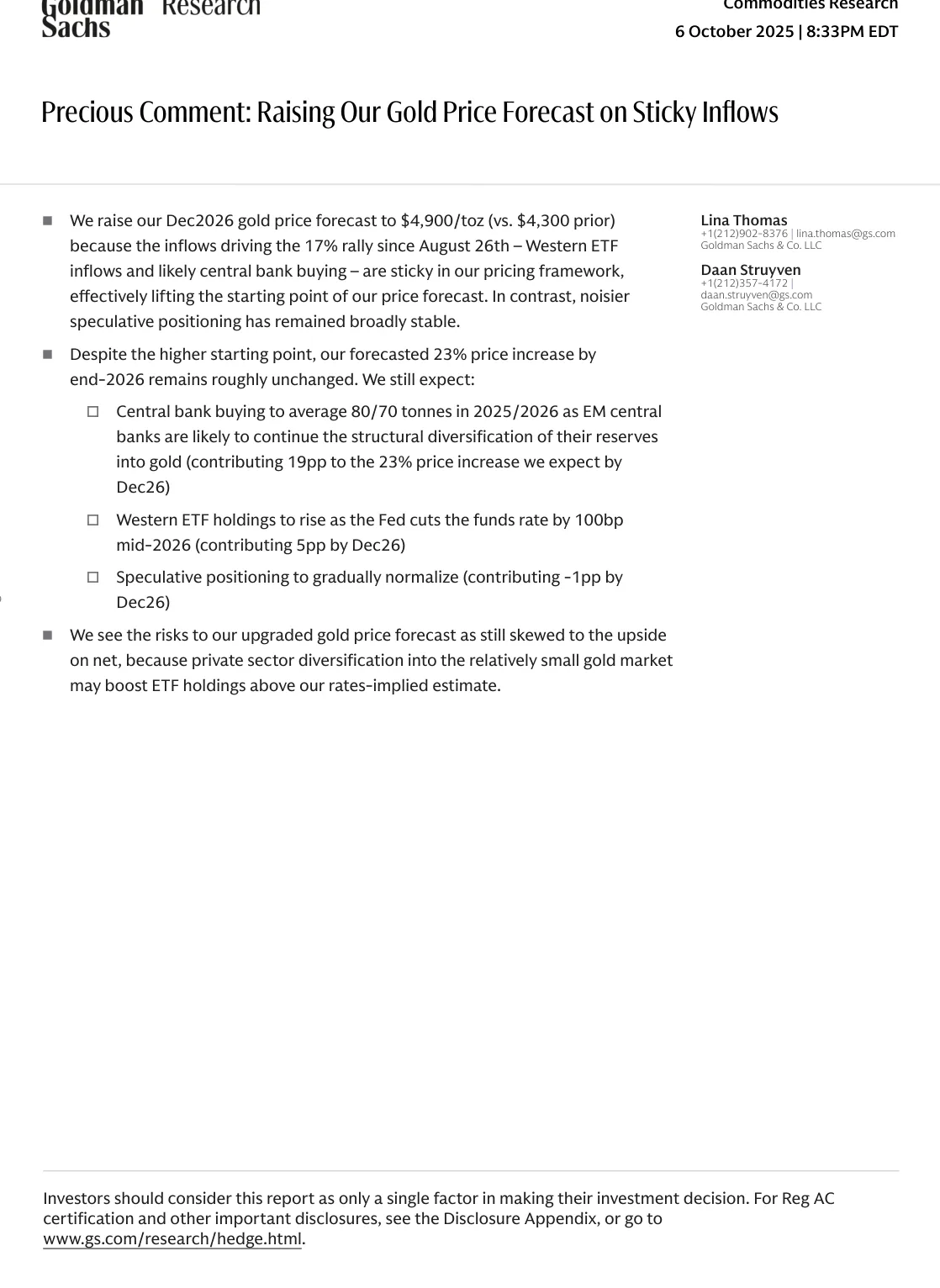 高盛-贵金属评论：因持续流入调高金价预测-20251006【7页】_PDF