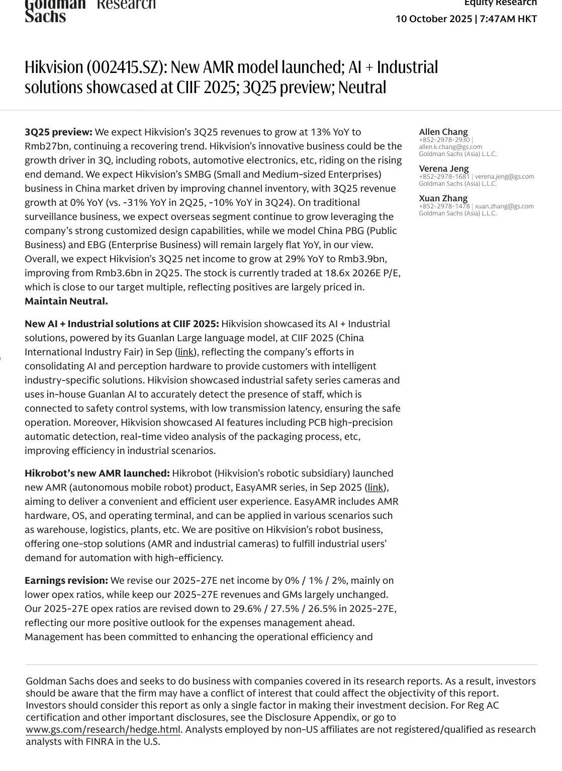 高盛-海康威视：新AMR模型发布：AI+工业解决方案在CII 2025展示：3Q25展望：中性-20251011【7页】_PDF