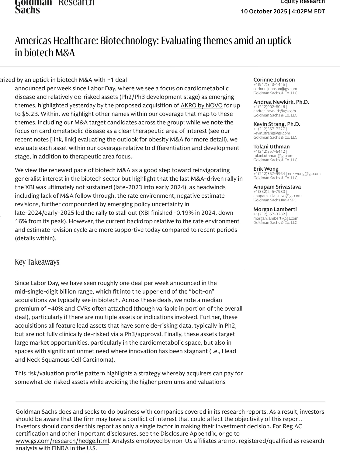 高盛-美国医疗保健：生物技术：评估主题和生物技术并购的上升-20231010【11页】_PDF