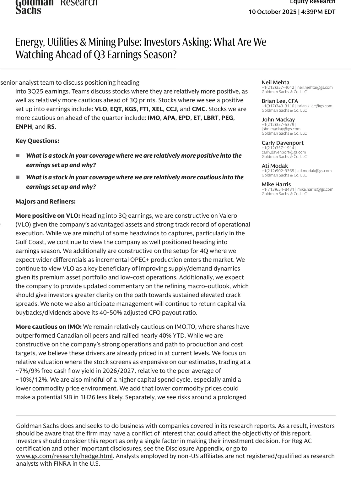 高盛-能源公用事业与矿业脉动：投资者问：我们在第三季度财报季前关注什么？-20251011【20页】_PDF