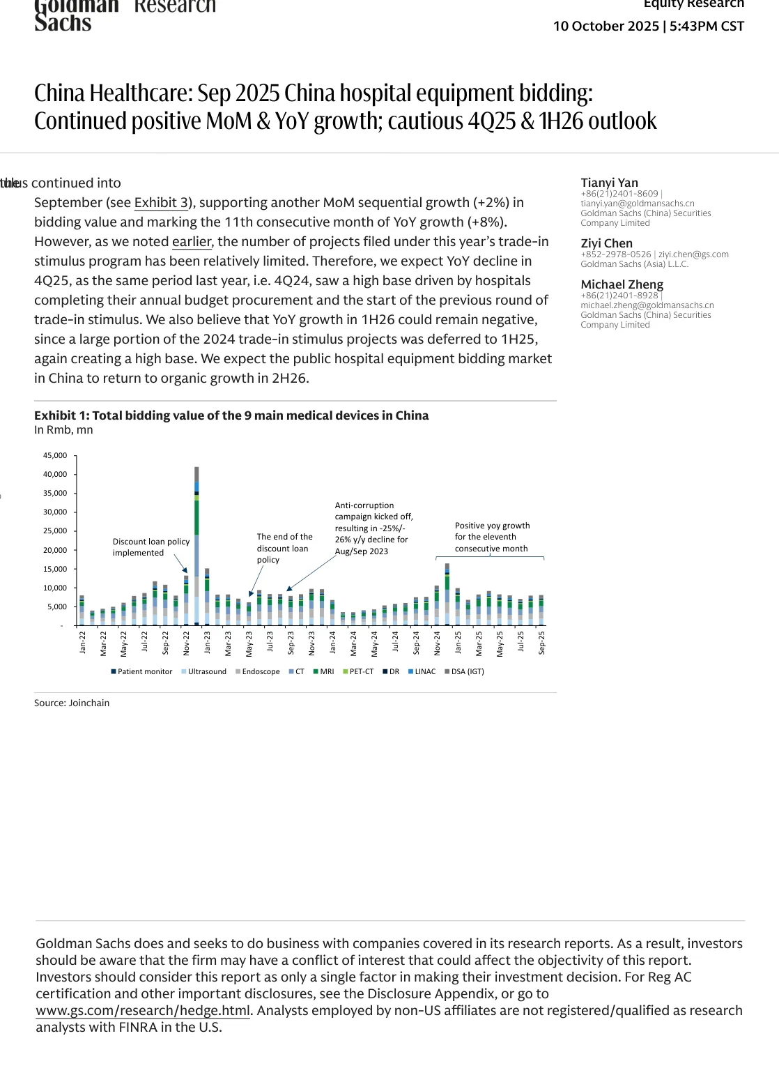 高盛-中国医疗设备：九月投标持续增长 四季度展望谨慎-20251010【11页】_PDF