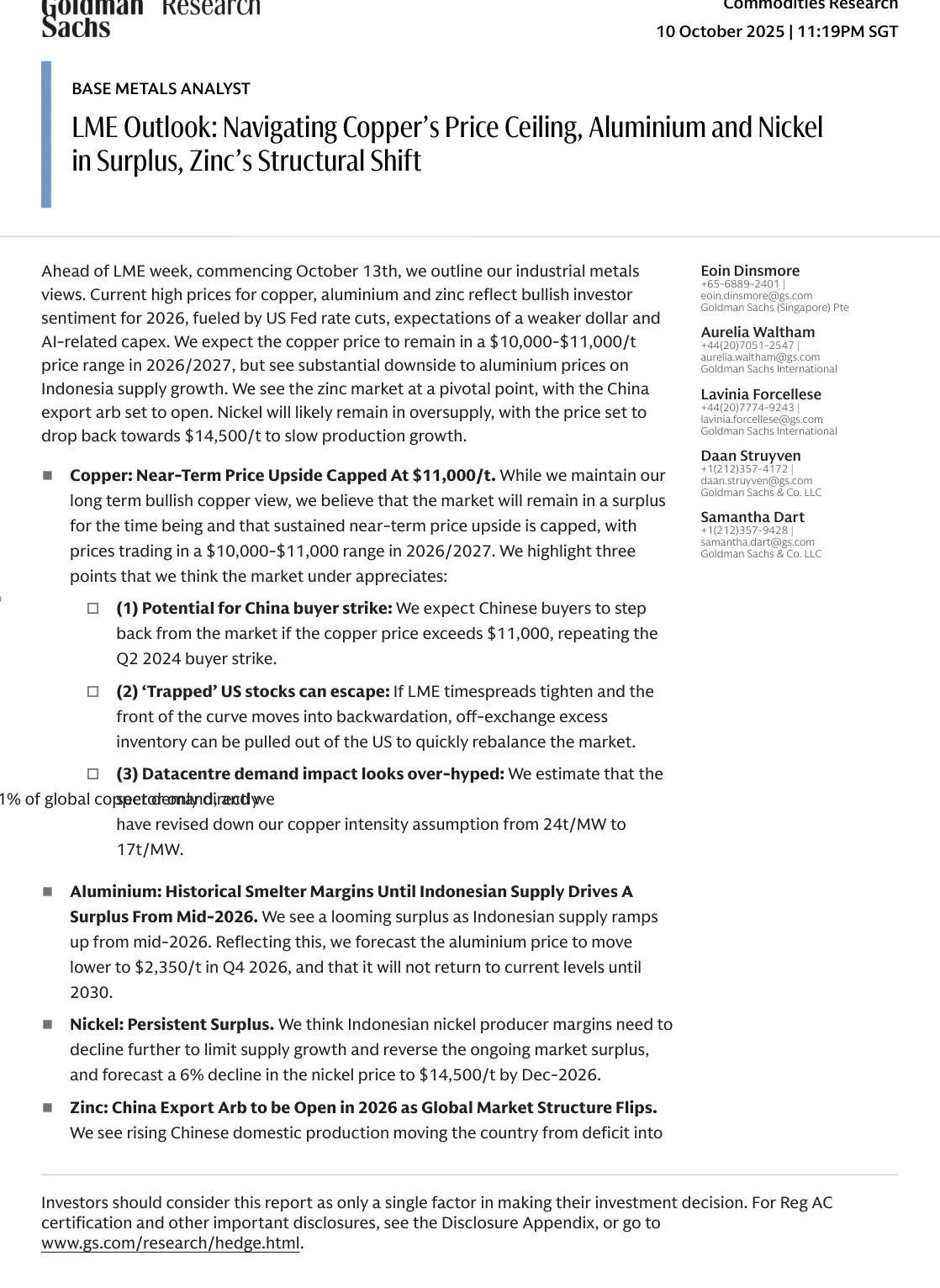高盛-LME展望：铜价上限 铝镍过剩 锌结构转变【10页】_PDF