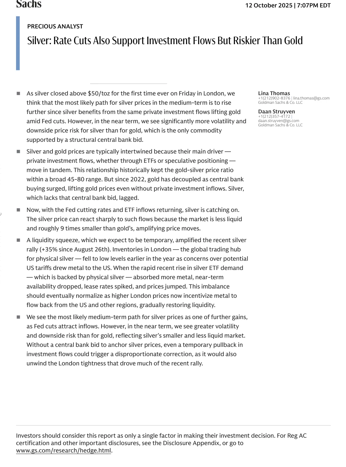 高盛-白银：降息也支持投资流入但风险大于黄金【10页】_PDF