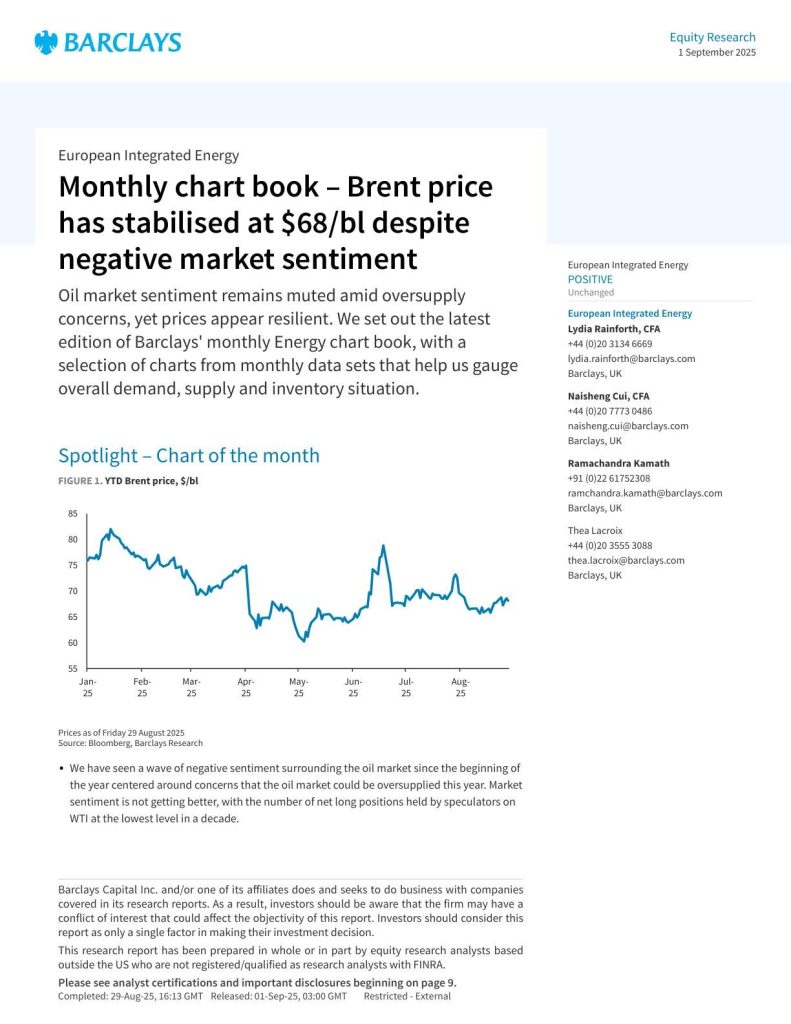 20250901-Barclays-European Integrated Energy：Monthly chart book _ Brent price has stabilised at b_PDF