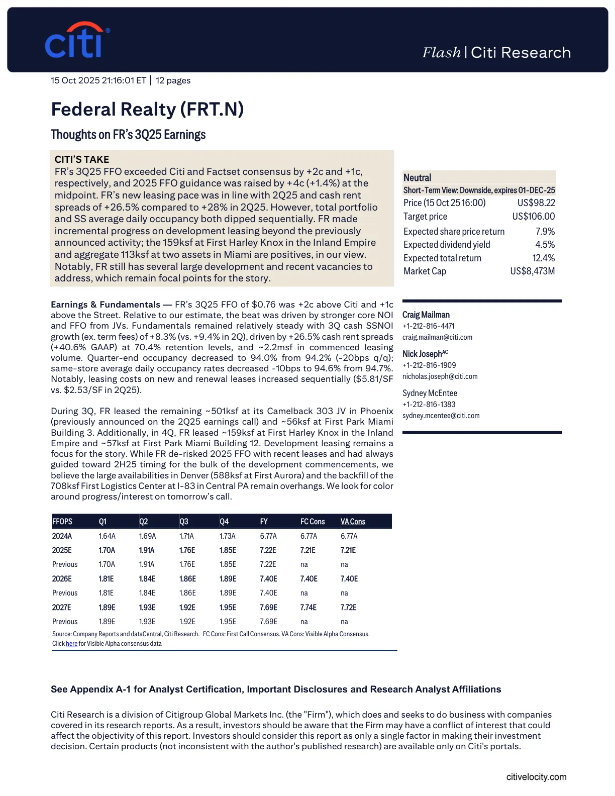 Federal Realty (FRT.N)_ Thoughts on FR's 3Q25 Earnings_ Thoughts on FR‘s 3Q25 Earnings_PDF