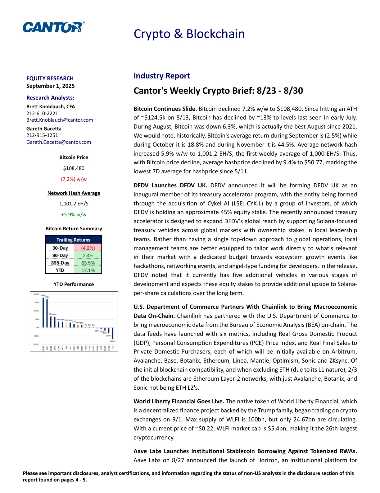 20250901_Cantor_CFA_Crypto & Blockchain Bitcoin Continues Slide. Bitcoin declined 7.2% ww to 8,480. Since hitting an AT.pdf