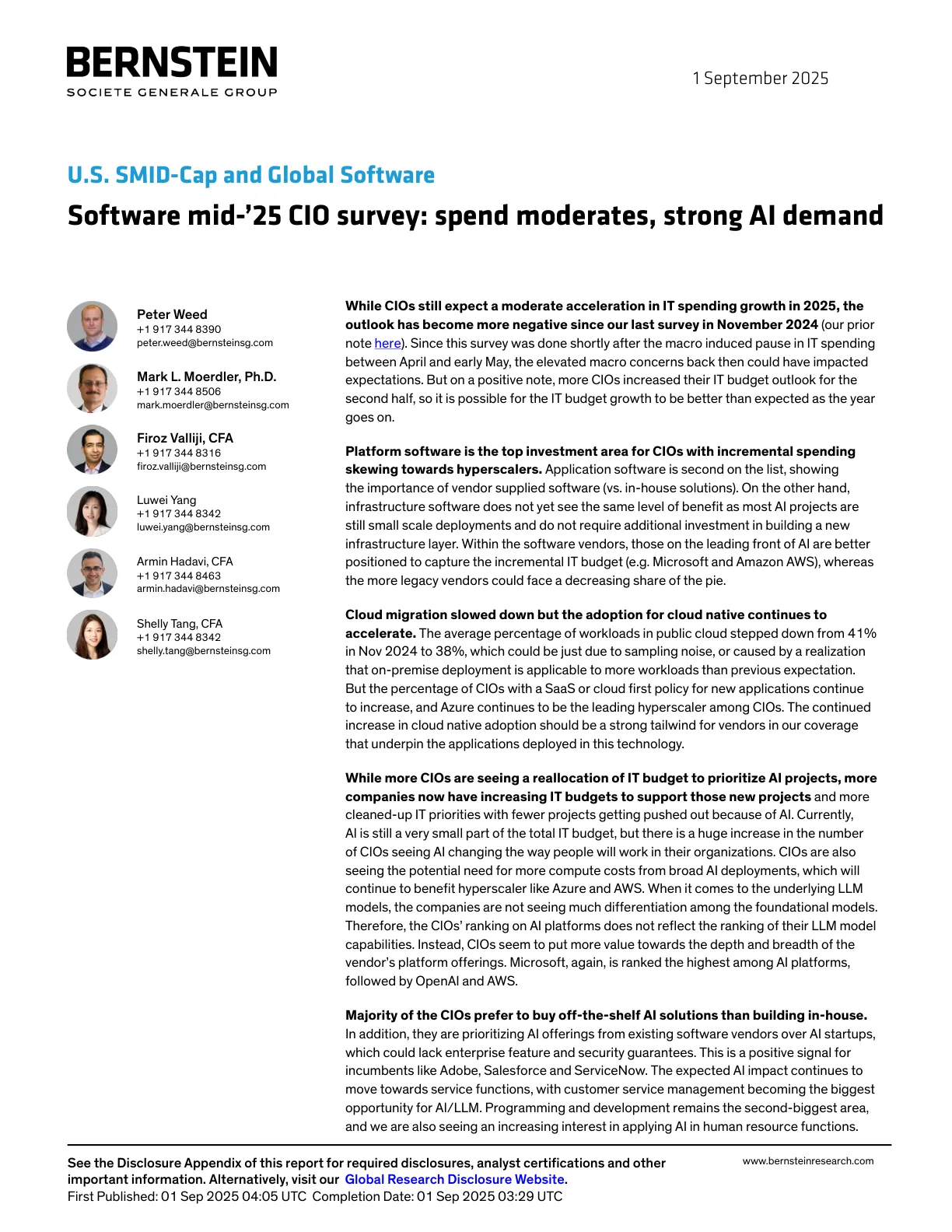 20250901-Bernstein-U.S. SMID_Cap and Global Software：Software mid_’25 CIO survey： spend moderates， s.pdf