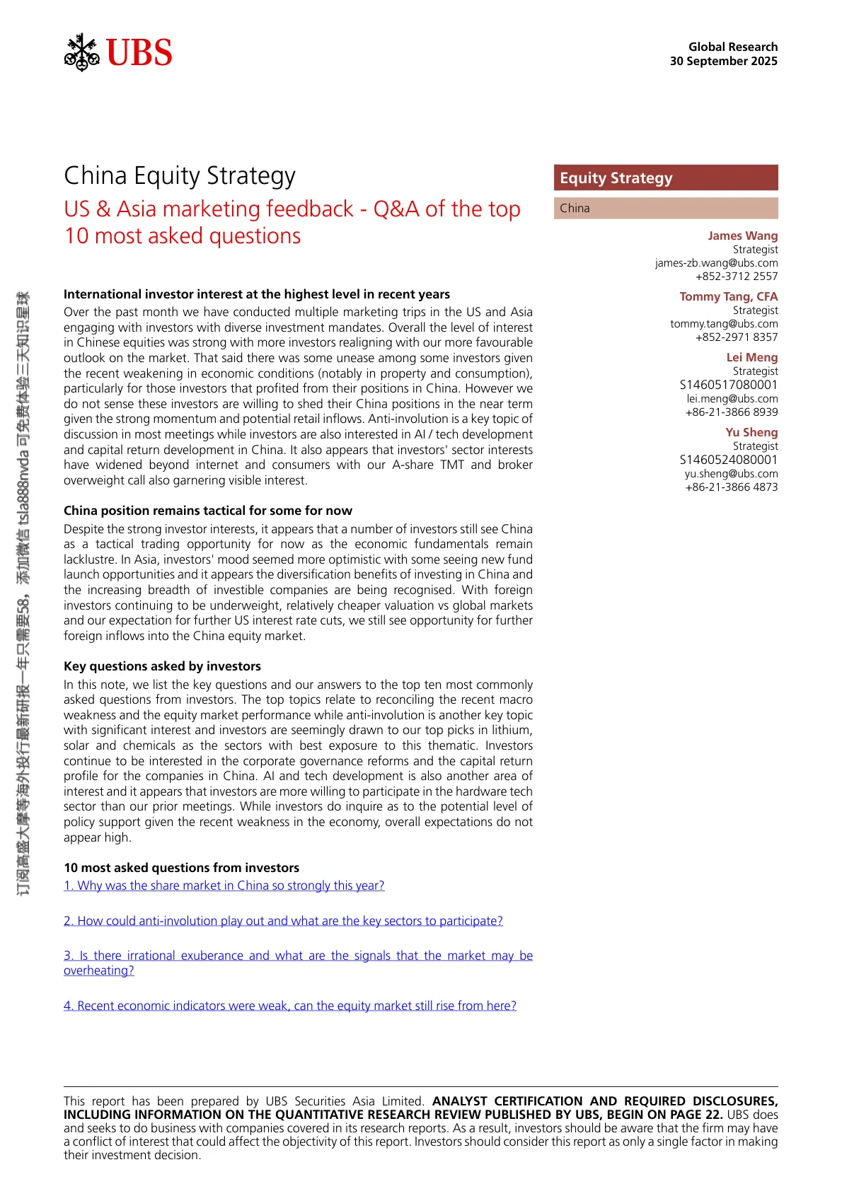 瑞银-中国股票策略：美国和亚洲市场反馈——投资者最常问的10个问题-20250930【26页】