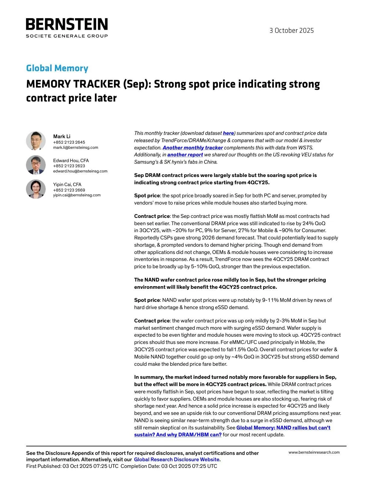 伯恩斯坦-全球存储芯片市场 -9 月存储芯片追踪报告：现货价格表现强劲，预示后续合约价格向好-20251008【28页】_PDF