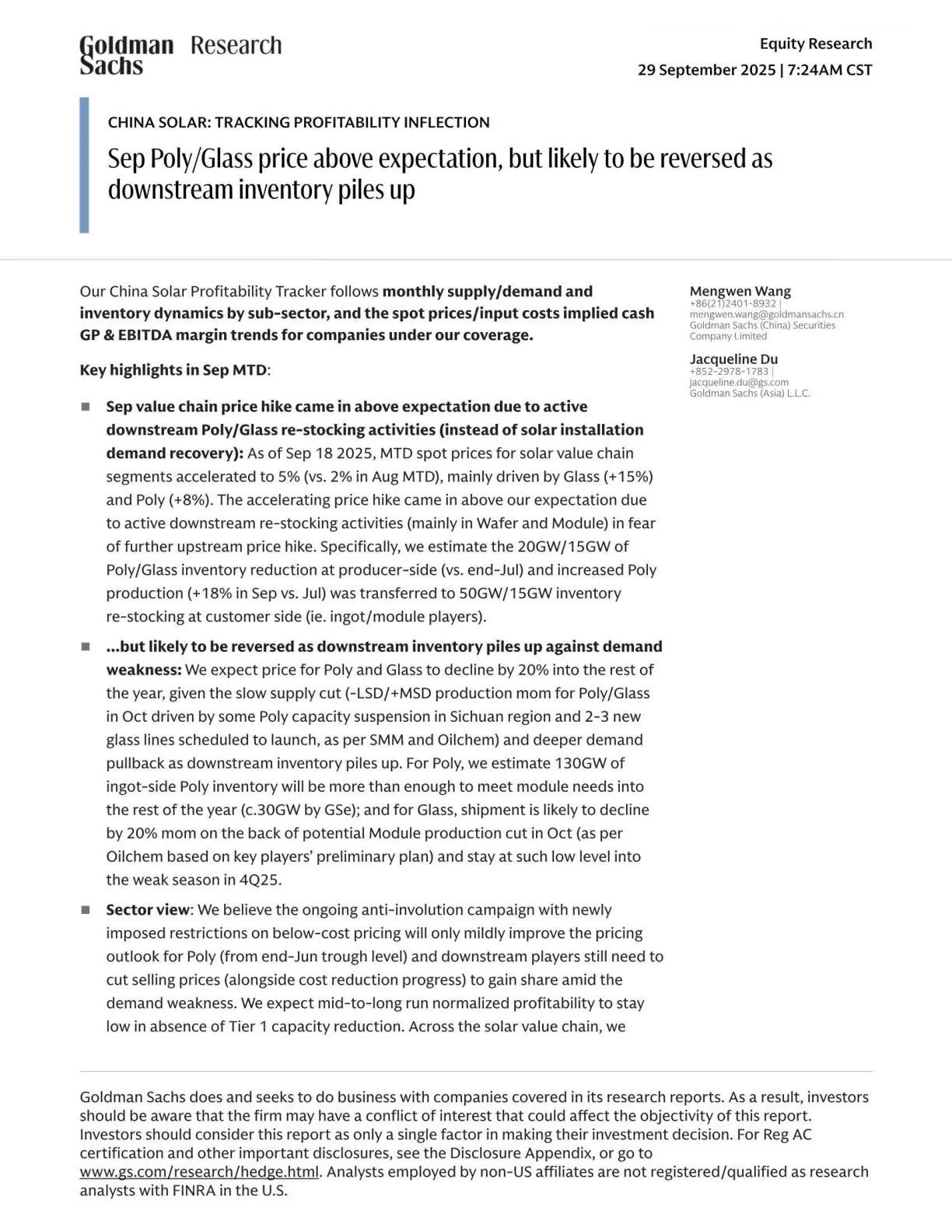 高盛-中国太阳能行业：9月光伏玻璃价格超预期，但下游库存积压或致价格反转-20251008【10页】_PDF