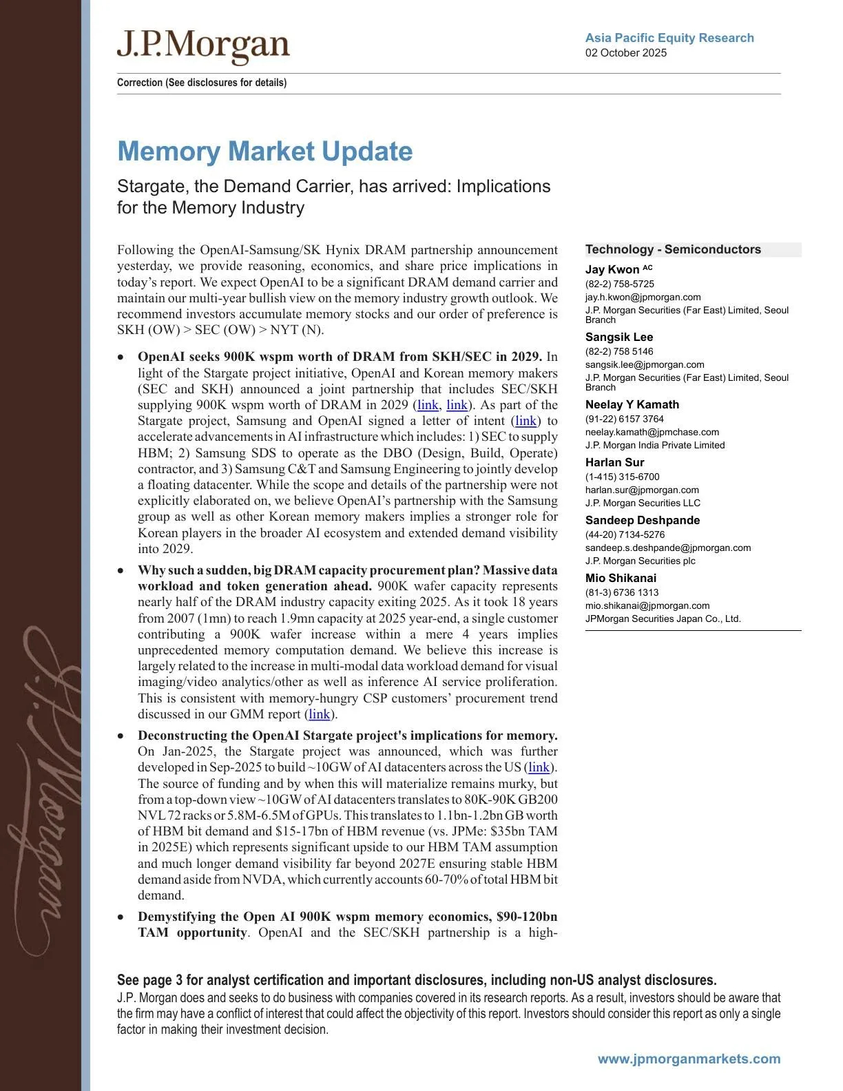 摩根大通-存储芯片市场更新报告：“星门”-需求载体已至：对存储芯片行业的影响-20251008【8页】_PDF