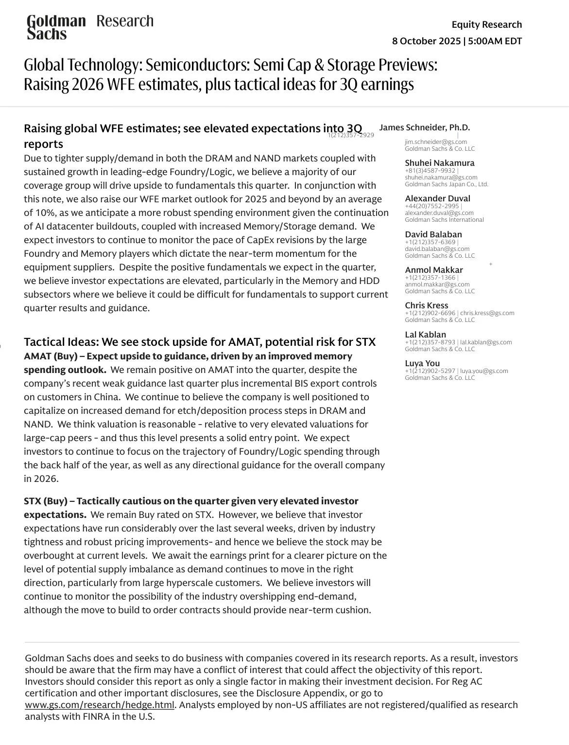 高盛-全球科技：半导体：资本支出与存储预览：提高2026年WFE估计，外加30个收益的战术想法-20251008【20页】_PDF