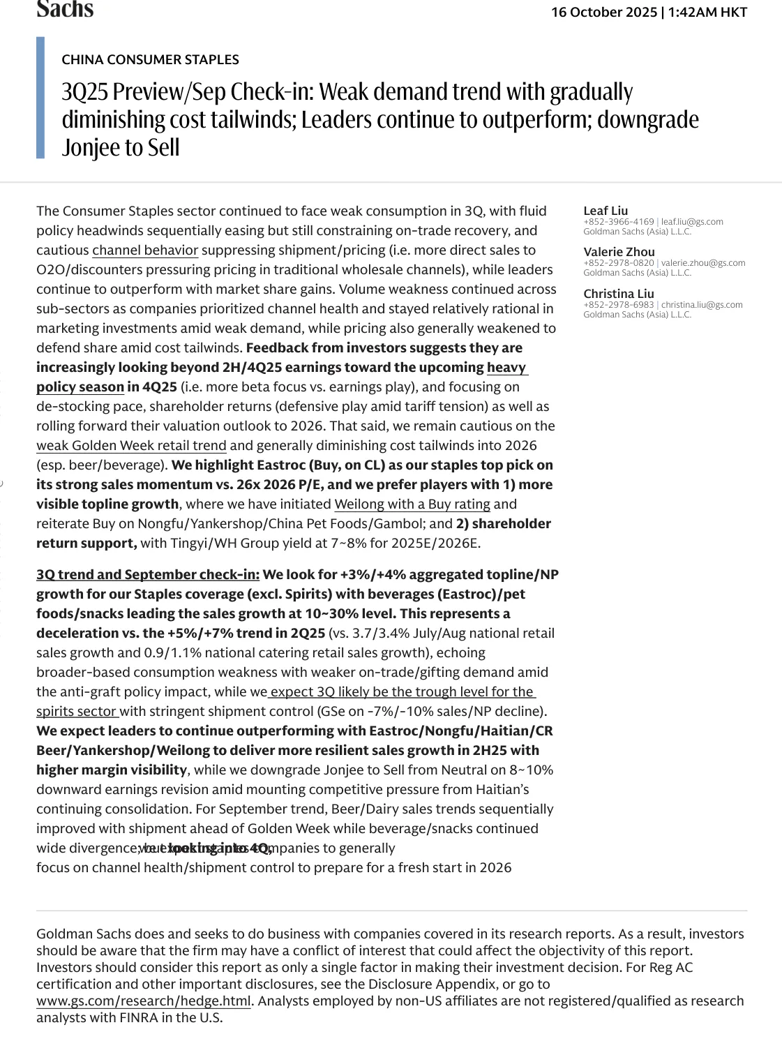 高盛-中国消费3Q25预览_9月检查：需求疲软趋势逐渐减弱成本尾随：领导者继续表现优异：下调华润啤酒评级至卖出_PDF