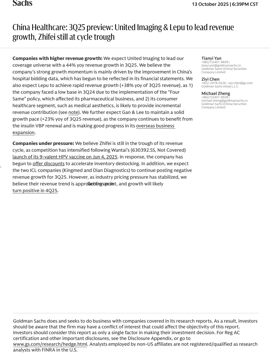 高盛-中国医疗：2025年展望：联影和乐普引领收入增长，智飞仍处周期低谷-20251013【6页】_PDF