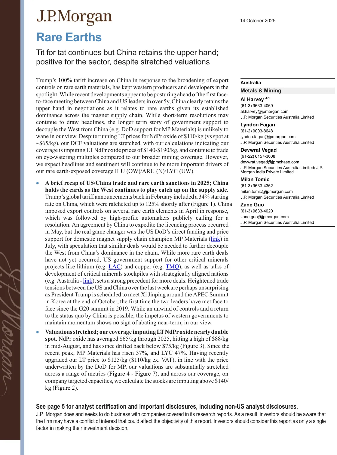 摩根大通-稀土：中美贸易战持续中国占上风-Rare Earths Tit for Tat Continues but China Retains the Upper Hand-20231014【12页】_PDF
