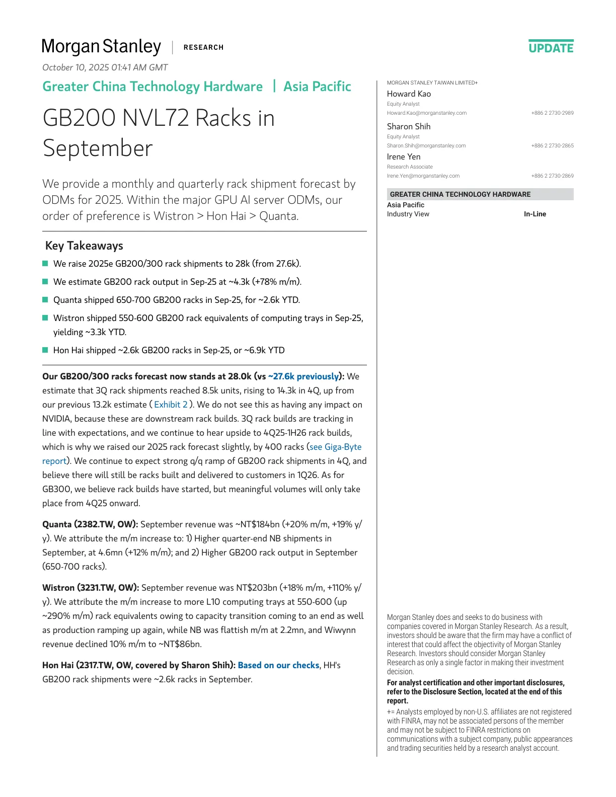 摩根士丹利-GB200 NVL72机架九月出货量-GB200 NVL72 Racks in September-20231010【13页】_PDF