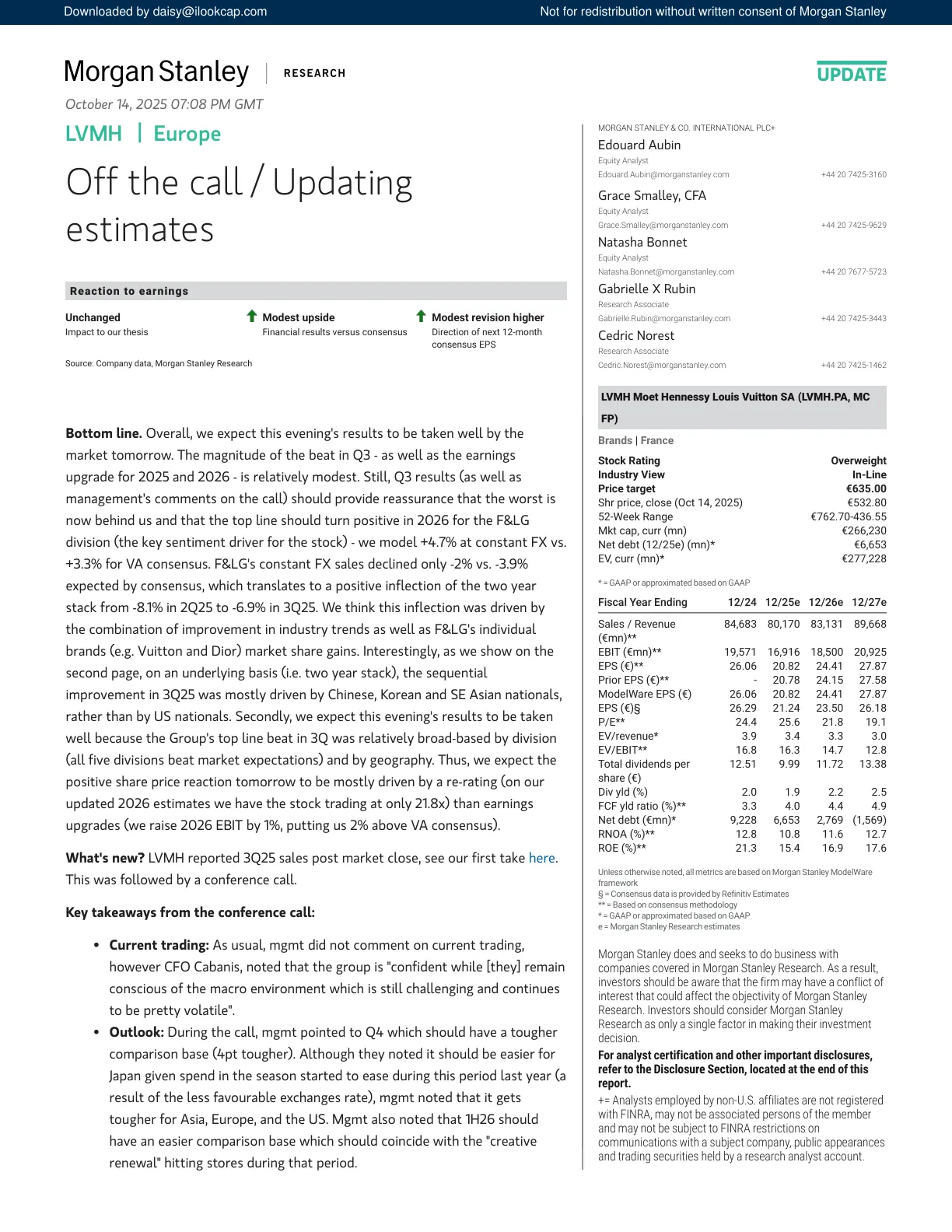 摩根士丹利-LVMH集团（LVMH.PA）会议纪要与业绩预期更新-LVMH.PA Off the call_Updating estimates-20251014【16页】_PDF