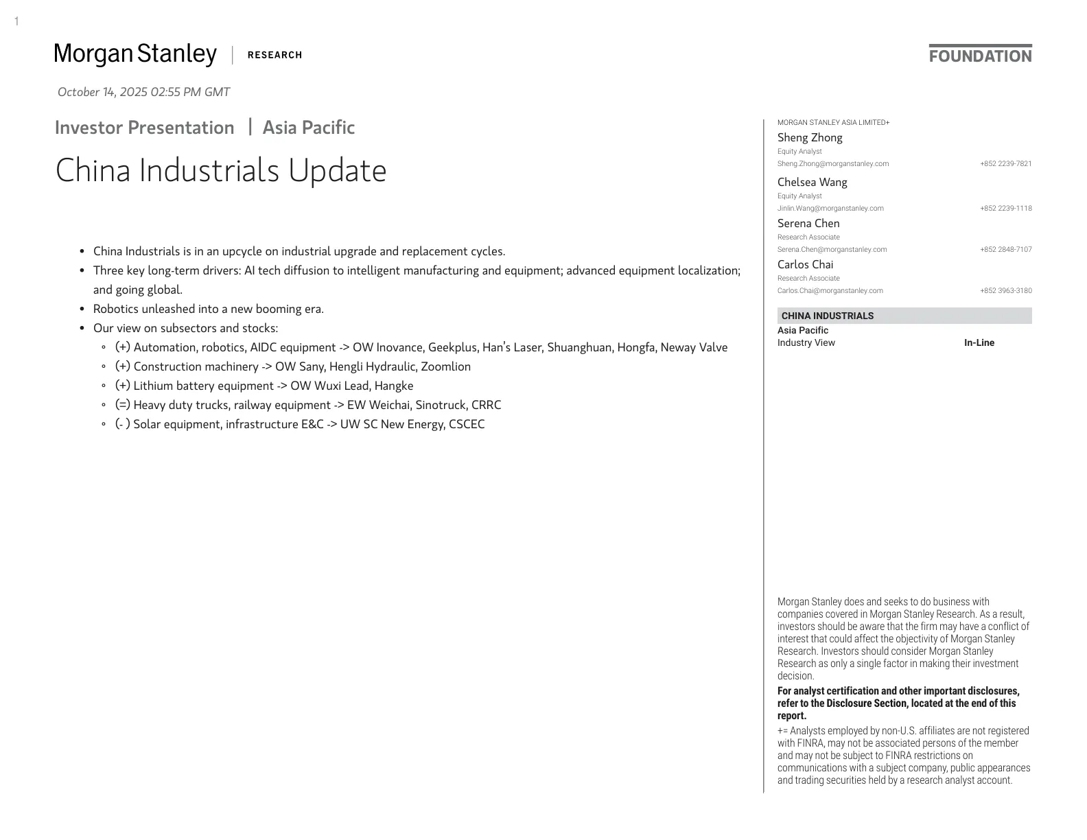 摩根士丹利-中国工业更新：升级与替换周期-China Industrials Update-20251014【46页】_PDF