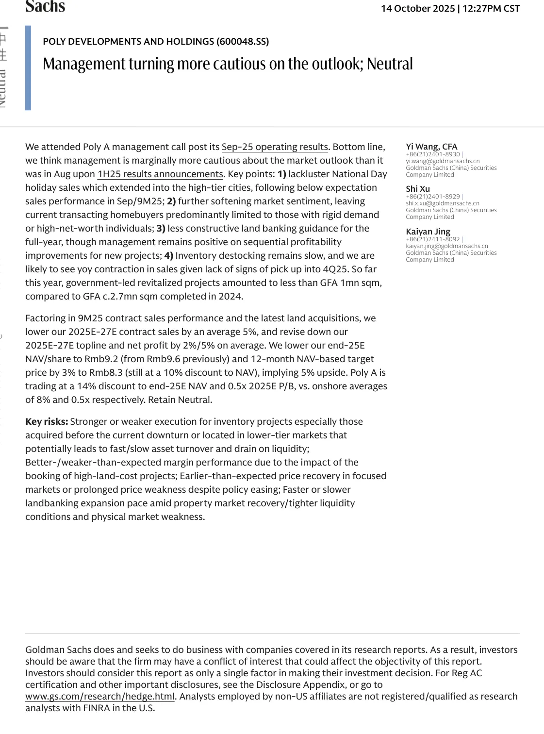 高盛-保利发展控股（600048.SS）管理对前景更加谨慎：中性-20231014【5页】_PDF