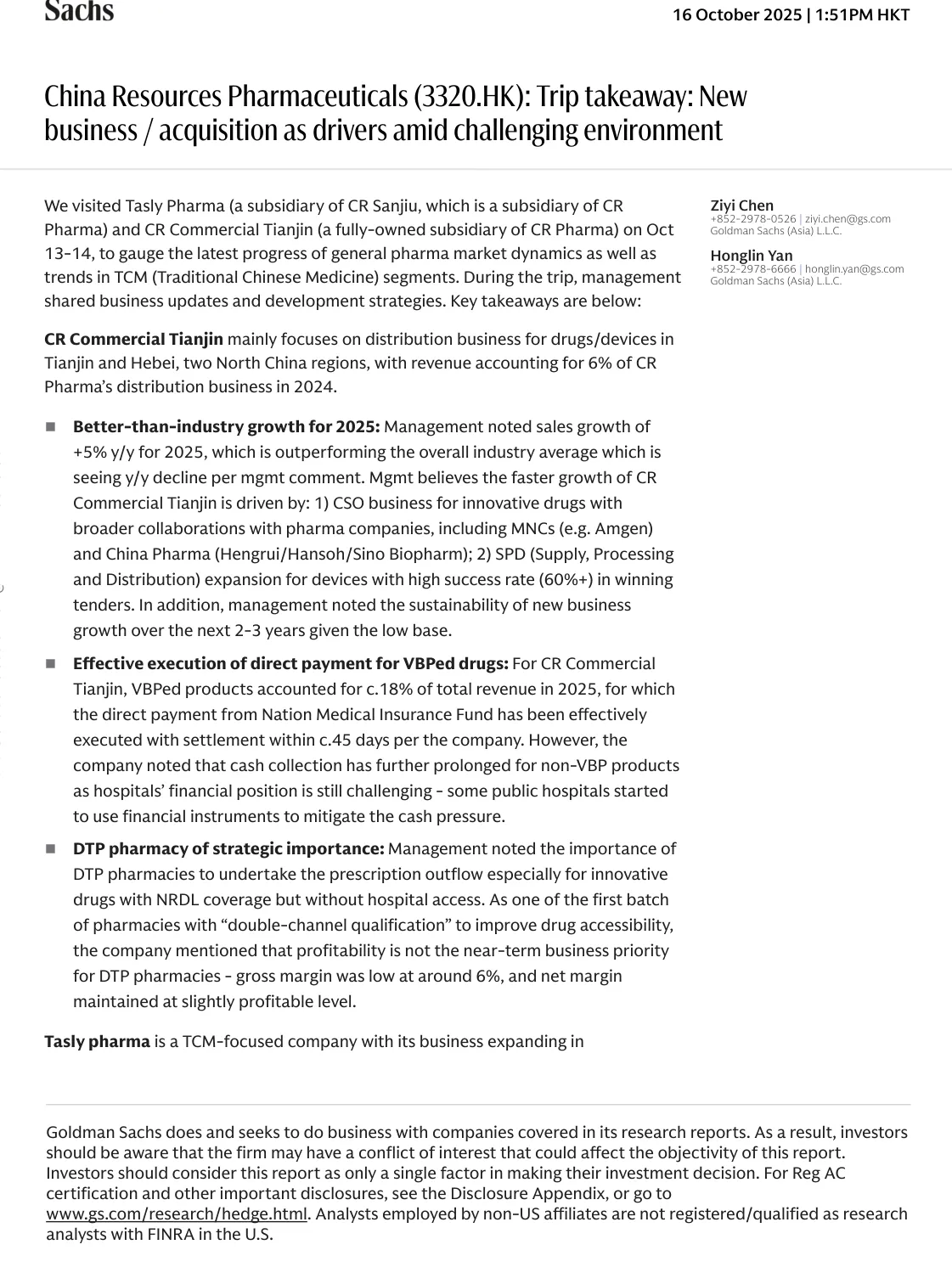 高盛-华润医药 （3320.HK）新业务收购驱动增长：挑战环境-China Resources Pharmaceuticals Trip Takeaway-20251016【4页】_PDF