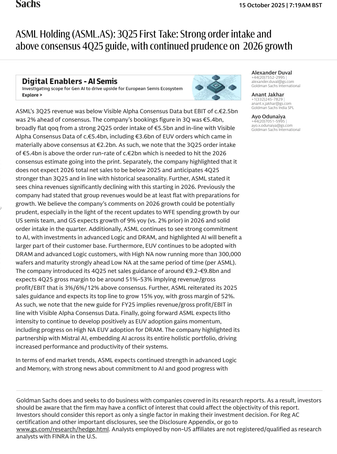 高盛-ASML控股3Q25首次评估：订单强劲超出预期 2026年增长前景持续-20251015【4页】_PDF