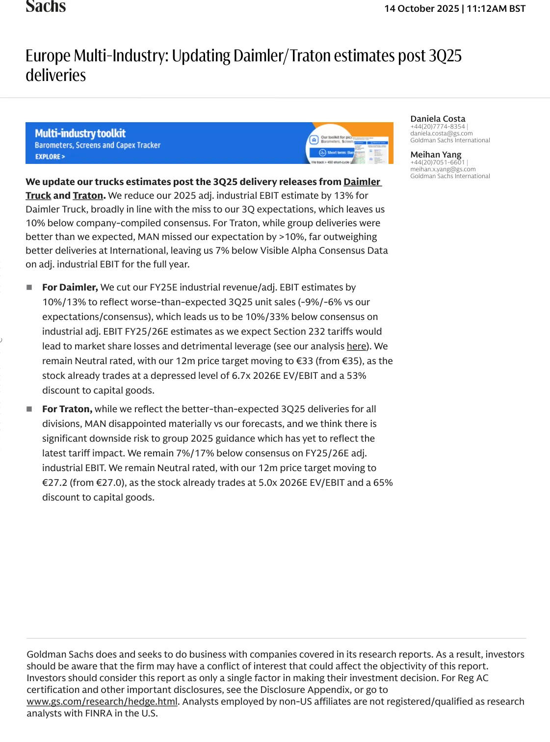 高盛-欧洲多行业：更新戴姆勒_Traton 2025交付后预测-20251014【6页】_PDF