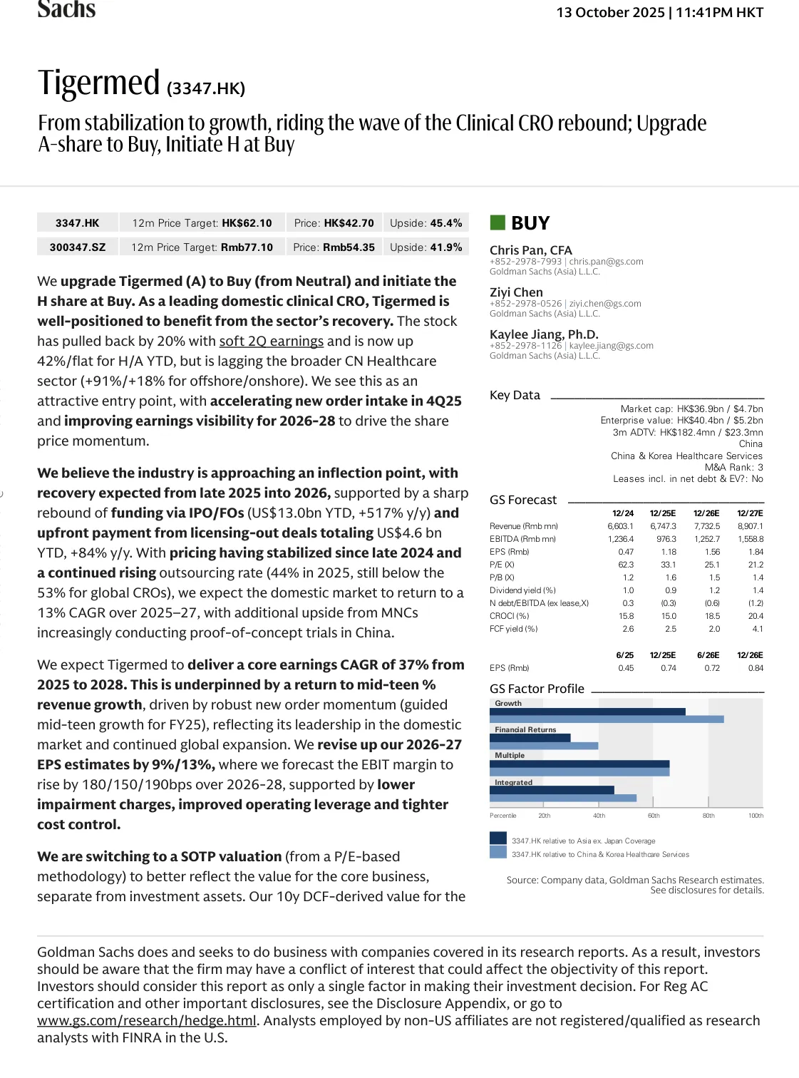 高盛-泰格医药：从稳定到增长 临床CRO反弹 升级A股至买入-20231013【19页】_PDF