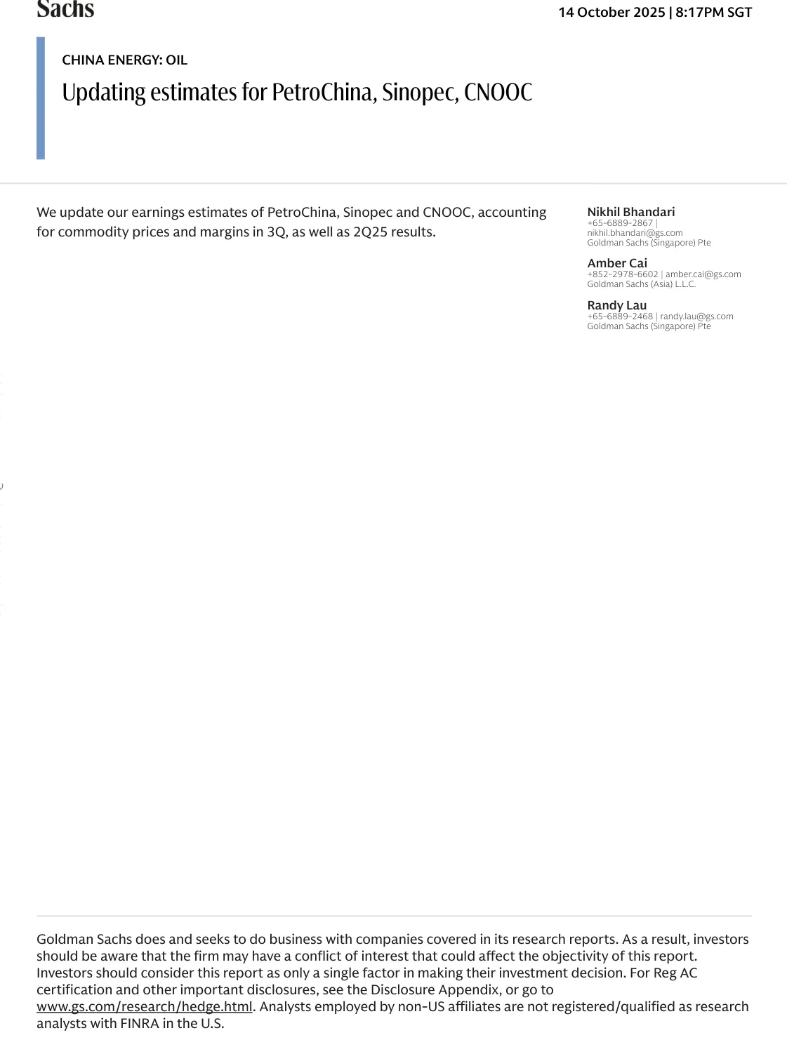 高盛-中国能源：更新中石油 中海油 中海油服盈利预测-20251014【9页】_PDF