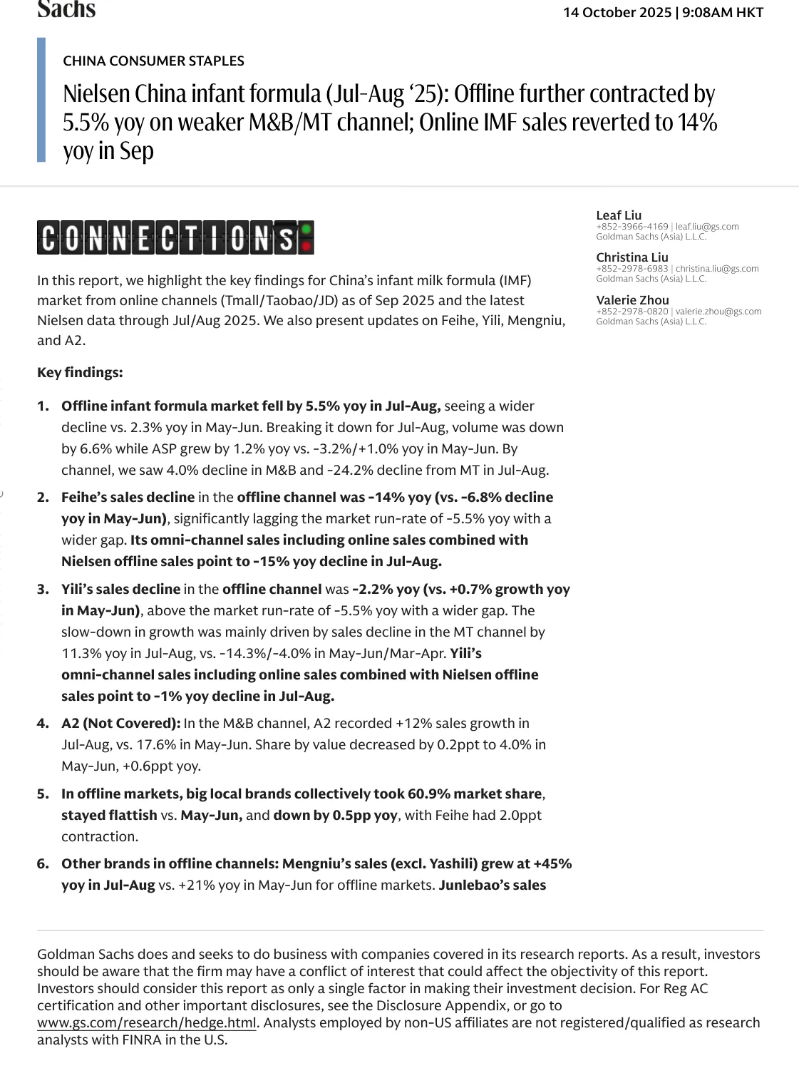 高盛-尼尔森中国婴配奶粉：线下市场进一步收缩-Nielsen China infant formula Offline further contracted-20231014【14页】_PDF