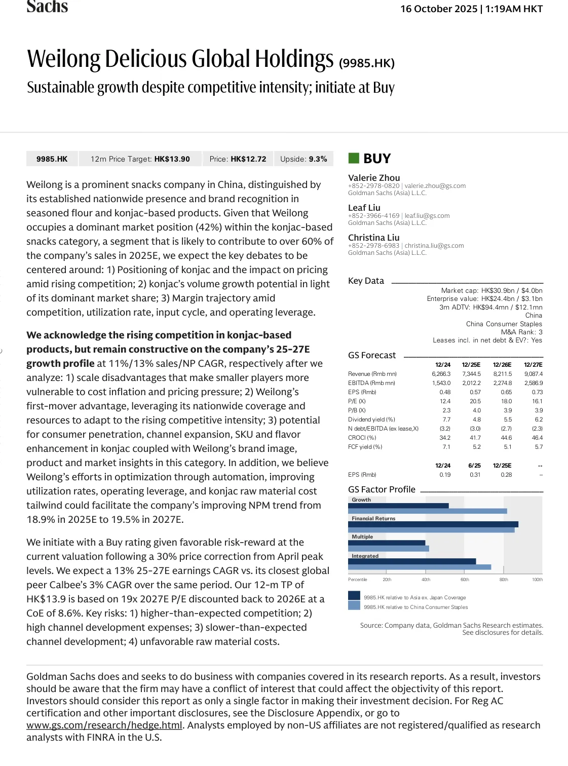 高盛-卫龙美味：竞争加剧下可持续增长：买入-Weilong Delicious Global Holdings Sustainable Growth Despite Competitive Intensity Initiate at Buy-20231016【27页】_PDF
