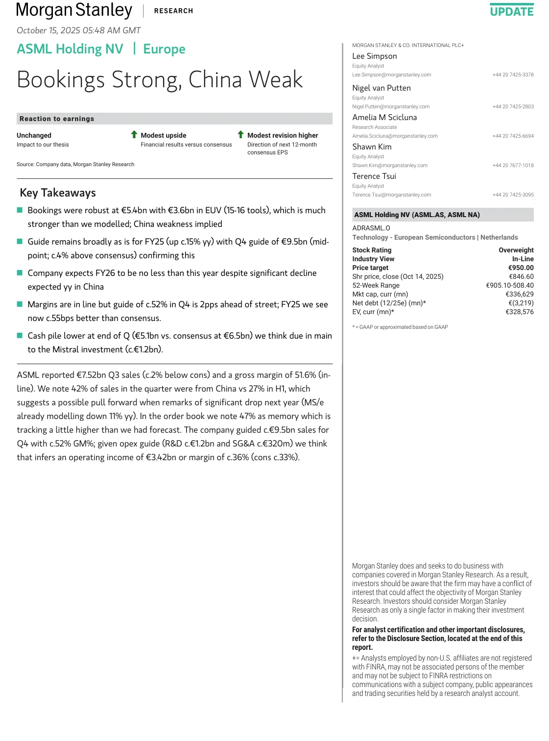 摩根士丹利-ASML控股：预订强劲中国疲弱-20251015【4页】_PDF