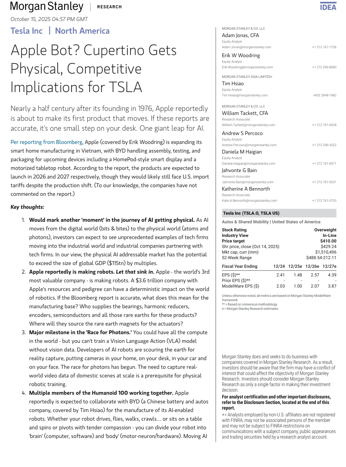 摩根士丹利-苹果机器人：库克蒂诺获得物理优势：对特斯拉的影响-20250925【6页】_PDF