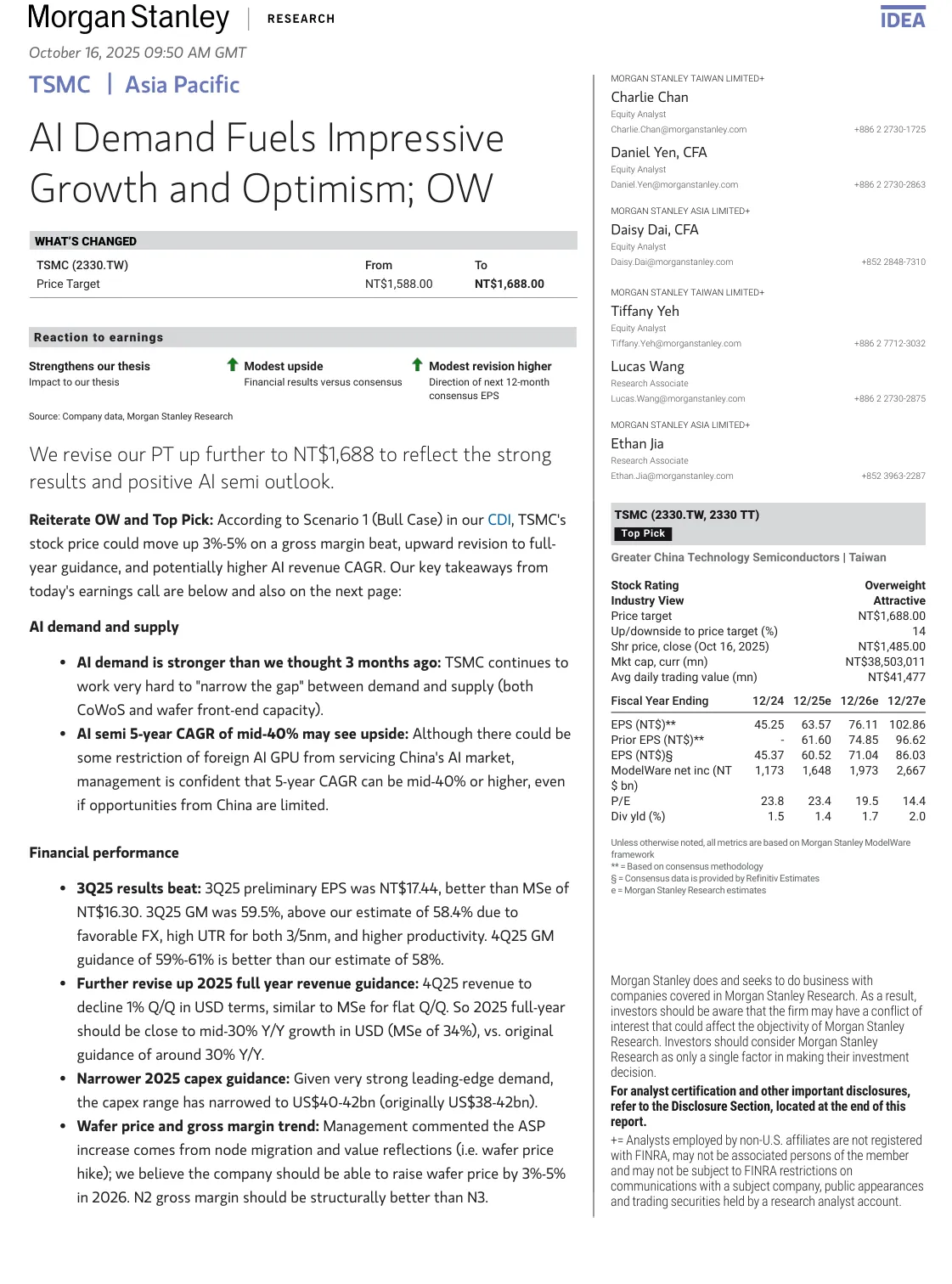 摩根士丹利-台积电：AI需求推动强劲增长和乐观情绪：增持-20251016【13页】_PDF
