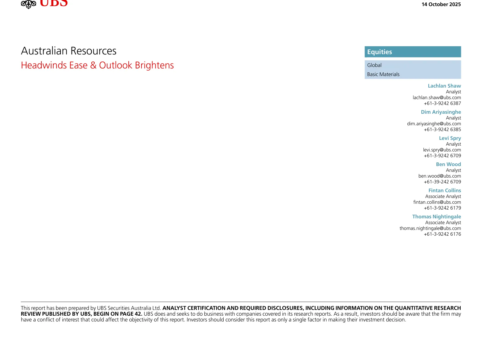 瑞银-澳大利亚资源：逆风缓解前景光明-20251014【42页】_PDF