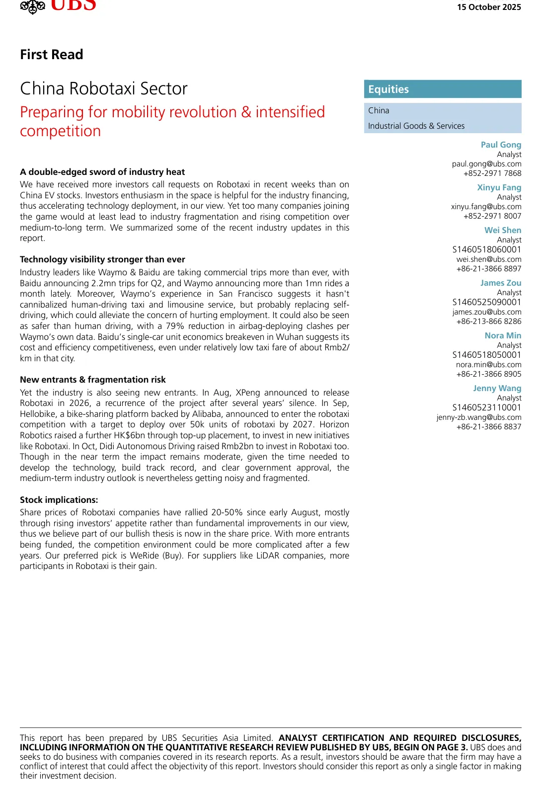 瑞银-中国Robotaxi行业：准备迎接移动革命和竞争加剧-20251015【3页】_PDF